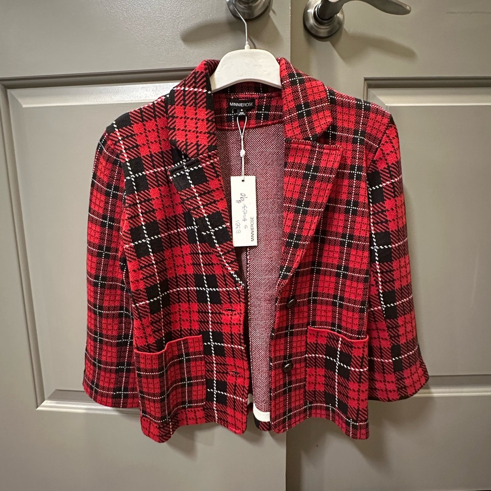 Minnie rose red plaid blazer size S NWT cotton cashmere SOLD OUT!